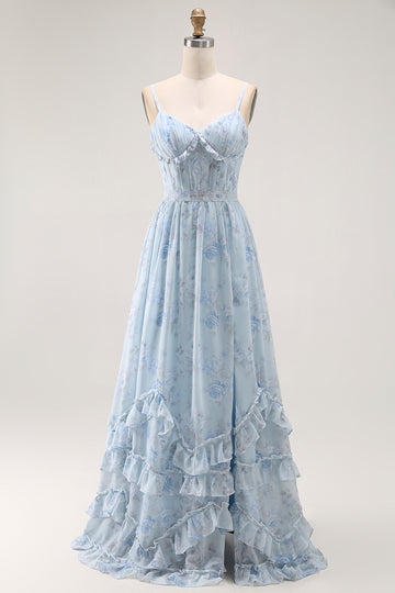 Blue Floral Corset A Line Ruffle Bridesmaid Dress
